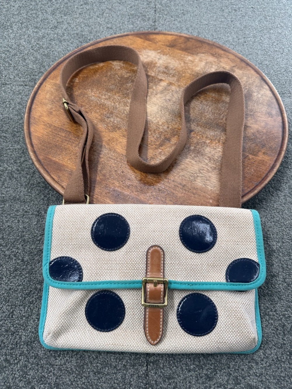 Fossil Bag Key Per Hailey Tan Crossbody Purse Navy Polka Dot Aqua Brown Cute Fun